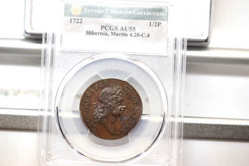 1722年製ウッド・ヒベルニア・ハーフペニー。Martin 4.20-C.4、W-12810。R-5。PCGS AU-55。