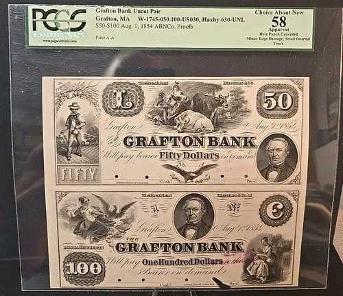 1854年 グラフトンバンク マサチューセッツ州 未カット ペア 50ドルと100ドル