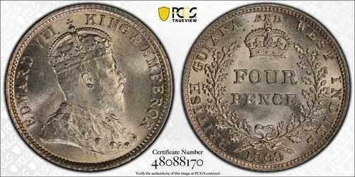 1909年 英領ギアナ エドワード7世 4ペンス金貨、4ペンス。PCGS MS 65。発行枚数36,000枚。