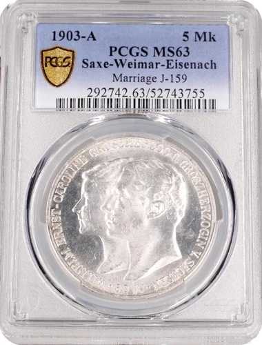 ザクセン＝ヴァイマル＝アイゼナハ 5 マーク 1903 年、PCGS MS63、「ウィリアムとカロリーネの結婚式」