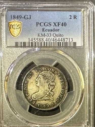 1849 エクアドル 2 レアル 1849 GJ キト KM # 33 PCGS XF 40。