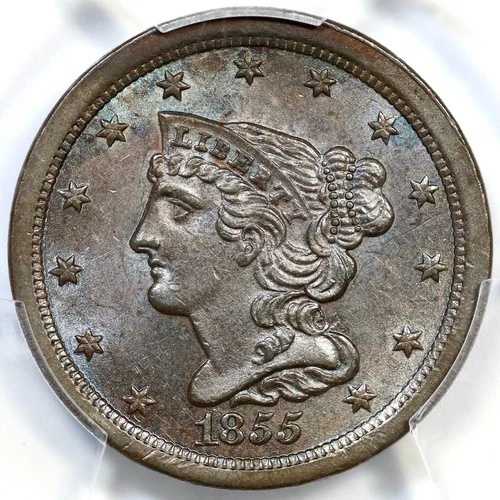 1855年 PCGS MS 62 BN 編み込みヘア ハーフセントコイン 1/2セント