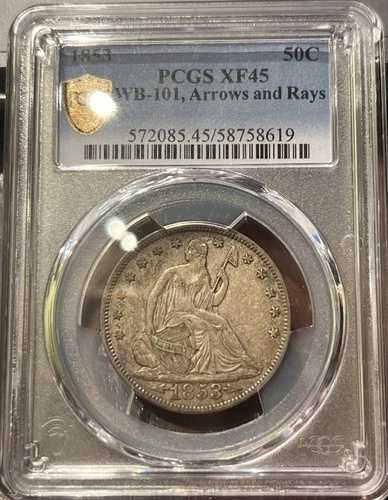 1853年 自由の女神像 半ドル硬貨 | PCGS XF 45 | WB-101 | ARROWS & RAYS | POP 3 | ロット 23