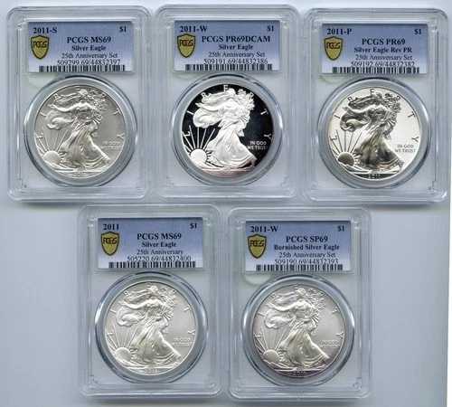 2011年 アメリカンイーグル 5枚セット シルバーコイン PCGS PR69 MS69 アニバーサリー - Q341