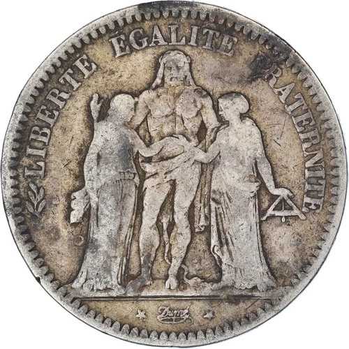 [#845534] コイン、フランス、エルキュール、5フラン、1848年、リヨン、VF、銀、KM:756.3