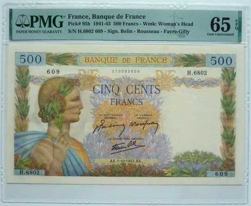 フランス 500 フラン 1942 ? P 95 b ? PMG EPQ 65 GEM UNC-