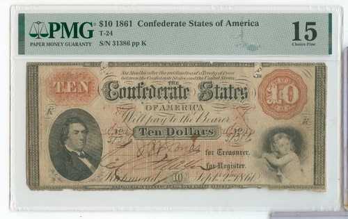 1861年 アメリカ連合国 10ドル硬貨 PMG 後期15セント T-24 - SS513- 72,600円