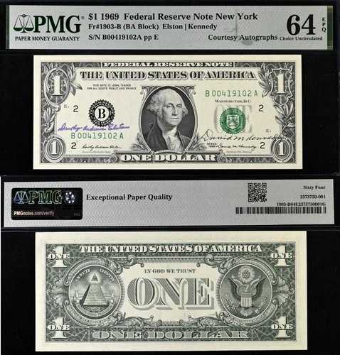 1969年連邦準備銀行券1ドル - PMG 64EPQ - 提供：オートグラフズ・エルストン・ケネディ