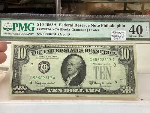 $10 1963A PMG 40 EPQ エラー - 財務省印 Fr2017-C 欠落