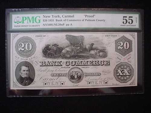 ニューヨーク州カーメル、1855年、パトナム郡商業銀行発行、20ドルのプルーフノート、PMG 55