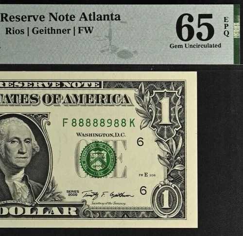 2009年 $1 FRN アトランタ PMG 65EPQ ジェム FK ブロック ニアソリッド シリアル番号 88888988