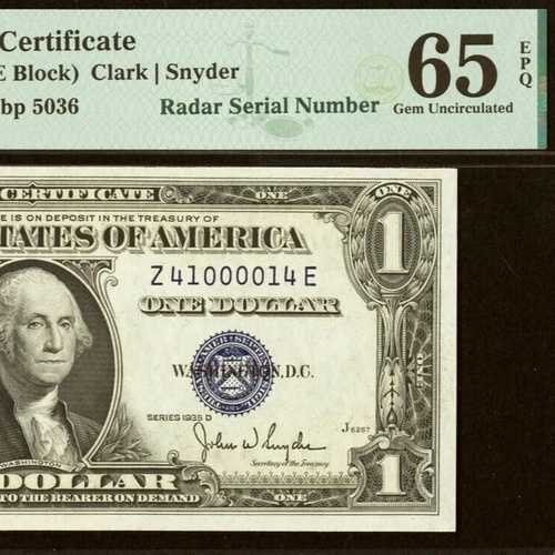 1935D 1ドル銀貨証明書 ナローPMG 65EPQ 宝石レーダー シリアルナンバー41000014