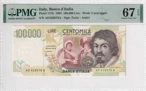 イタリア銀行 イタリア 100000 リラ 1994. PMG 67 EPQ Superb Gem UNC