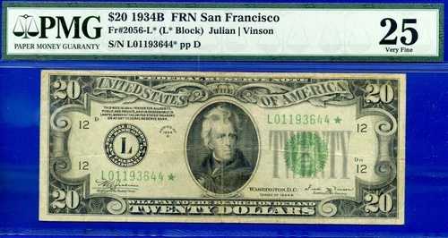 1934B $20 FRN サンフランシスコ スター PMG 25 クレイジーレア 合計5 既知のスター Fr 2056-L*
