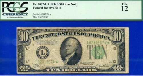 1934B 10ドル 連邦準備銀行券 PCGS 12 rar 7 サンフランシスコスター Fr 2007-L*