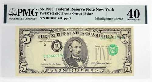 PMG XF40 1985 $5 FRN 重大なオーバープリントのずれエラー 0176C