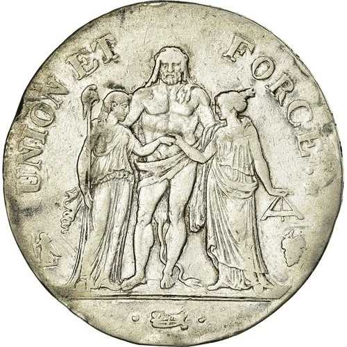 [#25986] フランス、5 フラン、ユニオン エ フォース、1798 年、ペルピニャン、シルバー、VF 100,100円