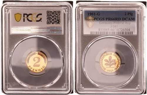 西ドイツ 2 ペニヒ 1961 G 限定100枚 プルーフ PCGS PR66RD DCAM 109668-