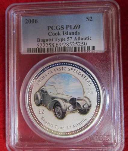 クック諸島 2006年 5ドル ブガッティ タイプ57 アトランティック .999 シルバーコイン PCGS PR PL 69