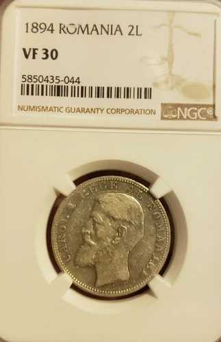 1894年 2レイ銀貨。ルーマニア。ブリュッセル造幣局。キャロル1世。NGC VF 30