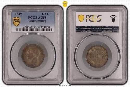 ドイツ、ヴュルテンベルク州 銀貨 1/2 グルデン AU 1849年 KM#573 PCGS AU58 トップ??｜WORLD RESOURCE【QUEEN店】