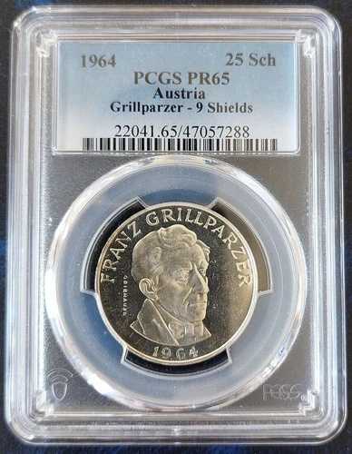 オーストリア プルーフ 25 シリングス コイン 1964 KM#2895 PCGS PR65 グリルパーザー 9 シールド