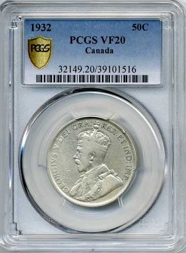 1932年カナダ50セント硬貨 - 非常に良好な状態、PCGS VF20、希少なキーデート 105,050円