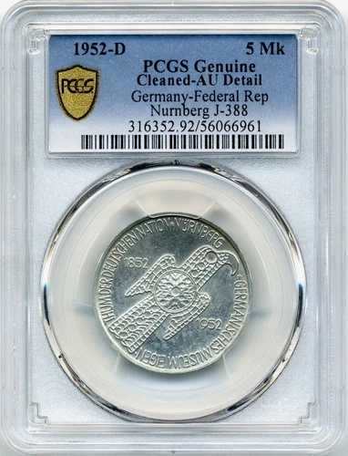 1952-D 5マルク ドイツ連邦共和国、ニュルンベルク - PCGS AU 詳細