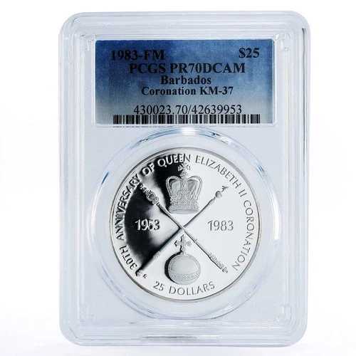 バルバドス 25ドル 戴冠式記念 王室シンボル PR70 PCGS 銀貨 1983年