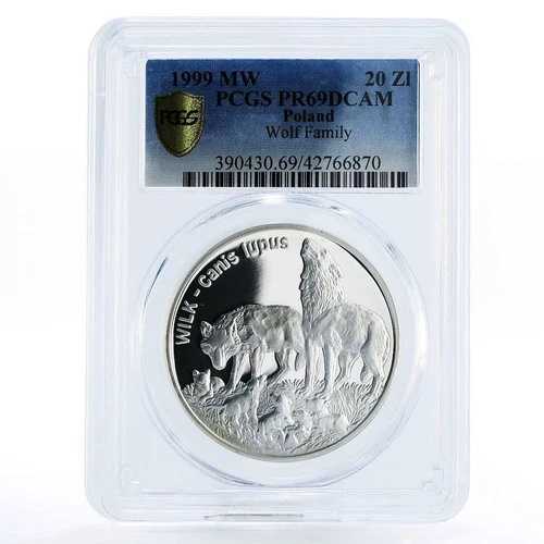 ポーランド 20ズウォティッチ ワールドアニマルシリーズ オオカミファミリー PR69 PCGS 銀貨 1999年