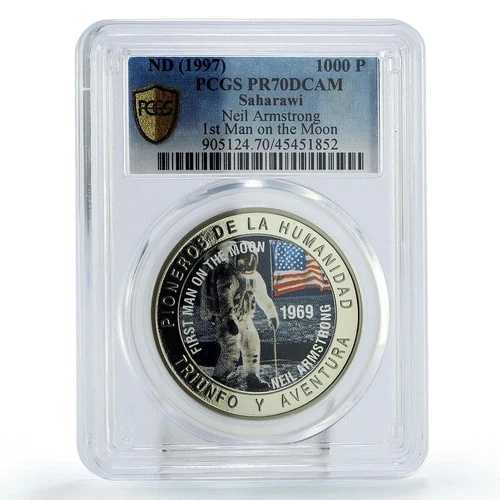 サハラウィ 1000ペセタ 月面着陸第1号 ニール・アームストロング PR70 PCGS CuNi コイン 1997