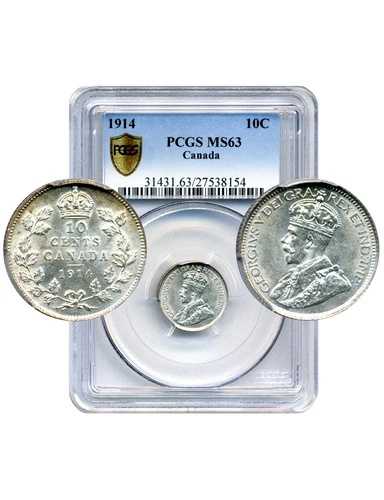 1914年カナダ10セント硬貨 - 厳選未流通、PCGS MS63