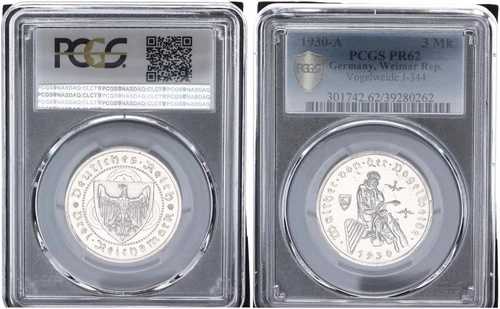 3 ライヒスマルク フォーゲルヴァイデ 1930 A PCGS PR62 プルーフ 109526-
