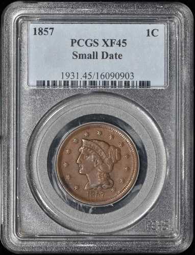 1857年製 編み込みヘア ラージセント 1セント スモールデイト PCGS XF45