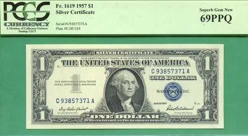 PCGS SUPERB GEM 69 PPQ - 1957 $1 SC - Fr 1619 CA ブロック - PCGS SUPERB GEM 69 PPQ