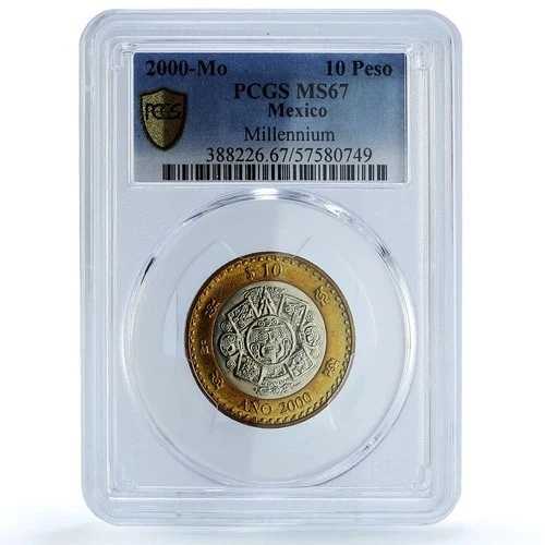 メキシコ 10ペソ ミレニアム アステカ Rev. KM-636 MS 67 PCGS バイメタルコイン 2000年