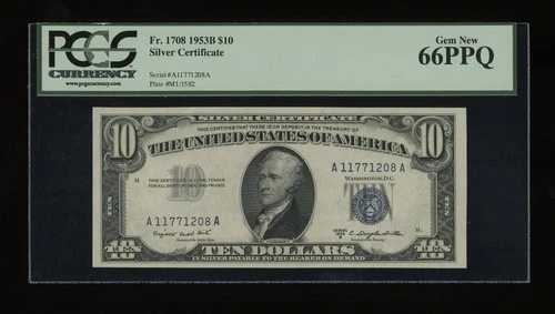DBR 1953-B $10 シルバー Fr. 1708 ジェム PCGS 66 PPQ シリアル A11771208A