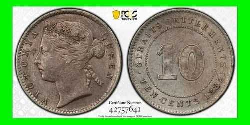 1885年 海峡植民地 10セント ビクトリア PCGS AU 詳細 主要日付