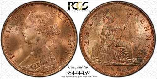 1862年 イギリス ハーフペニー PCGS MS 64RB このグレードでは希少