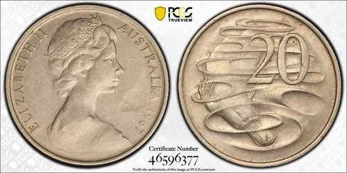 1967年 20セント オーストラリア 打点エラー PCGS AU50