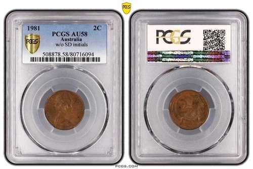 1981年オーストラリア2セント硬貨。2セント、標準偏差なし。PCGS AU58 グレーディング＆スラブ