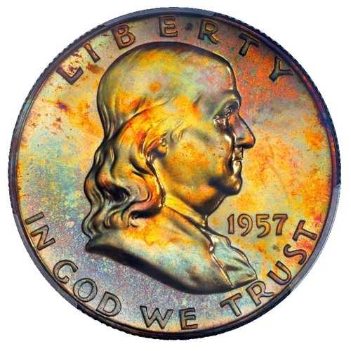 1957年 フランクリンシルバー ハーフドル PCGS MS-66 エンドロールアルバム トーンドトーニングトナー