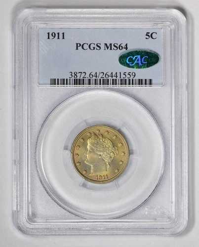 1911年 リバティ 5セント Vニッケル、PCGS MS64 + CACステッカー、ブルズアイトーニング｜WORLD RESOURCE【QUEEN店】