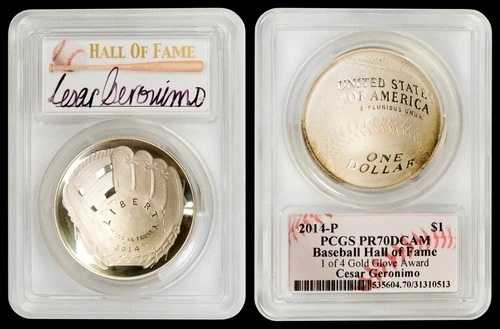 2014-P シルバー $1 野球カード PCGS PR70DCAM - ゴールドグローブ (4枚中1枚) - CESAR GERONIMO｜WORLD RESOURCE【QUEEN店】