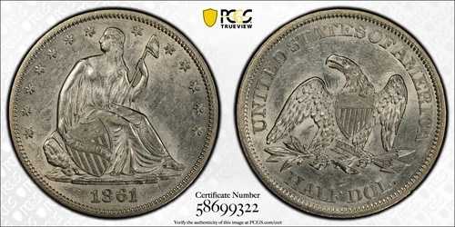 1861年 着席リバティハーフドル 50セント PCGS AU58 ホワイト #9322｜WORLD RESOURCE【QUEEN店】