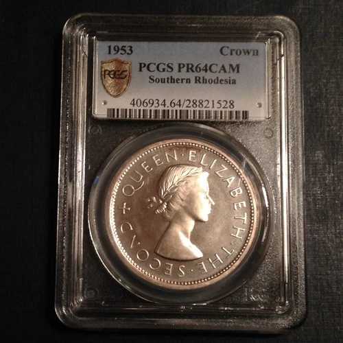 -1953年 南ローデシア カメオ プルーフ クラウン PCGS PR 64 CAM ~ わずか1,500枚のみの鋳造|WORLD RESOURCE【QUEEN店】