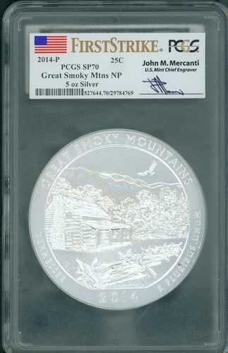 2014-P グレートスモーキーマウンテンズ NP ATB 5オンス シルバー PCGS SP70 ジョン・マーカンティ FSトーン