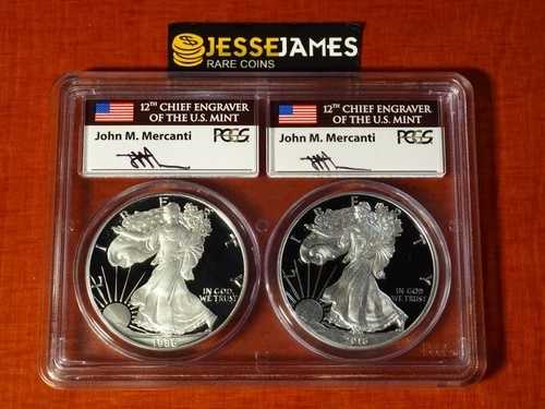 1986 S & 2016 W プルーフ シルバー イーグル PCGS PR70 DCAM ジョン・マーカンティ サイン入り フラッグラベル|WORLD RESOURCE【QUEEN店】