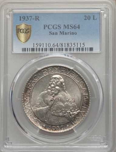 サンマリノ 1937-R 20リラ銀貨、未流通、PCGS認定 MS64｜WORLD RESOURCE【QUEEN店】 206,800円