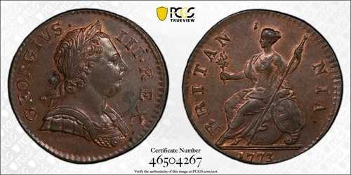 イギリス ジョージ3世 1773年 ハーフペニー 未流通 PCGS認定 MS64-BN|WORLD RESOURCE【QUEEN店】